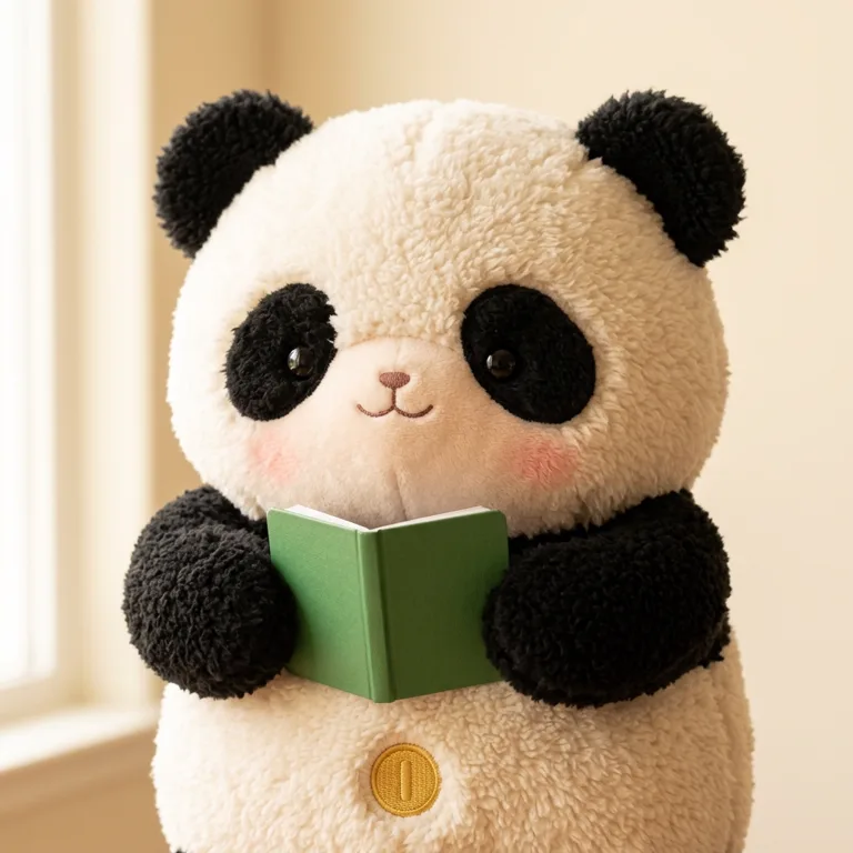 Penny, a plush panda holding a green ledger